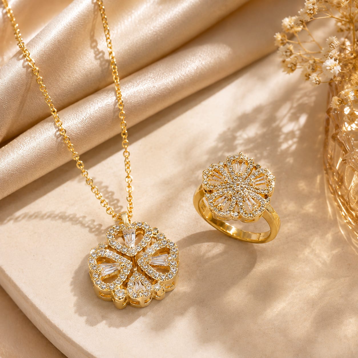 Elegant Necklace With Rotating Ring Set – Stylish Floral Design Jewelry Set for Women - Golden