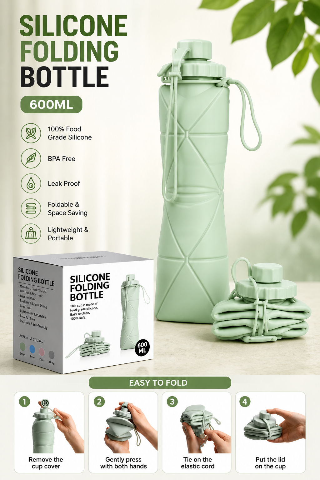 600ML Foldable Silicone Water Bottle – Portable & Space-Saving