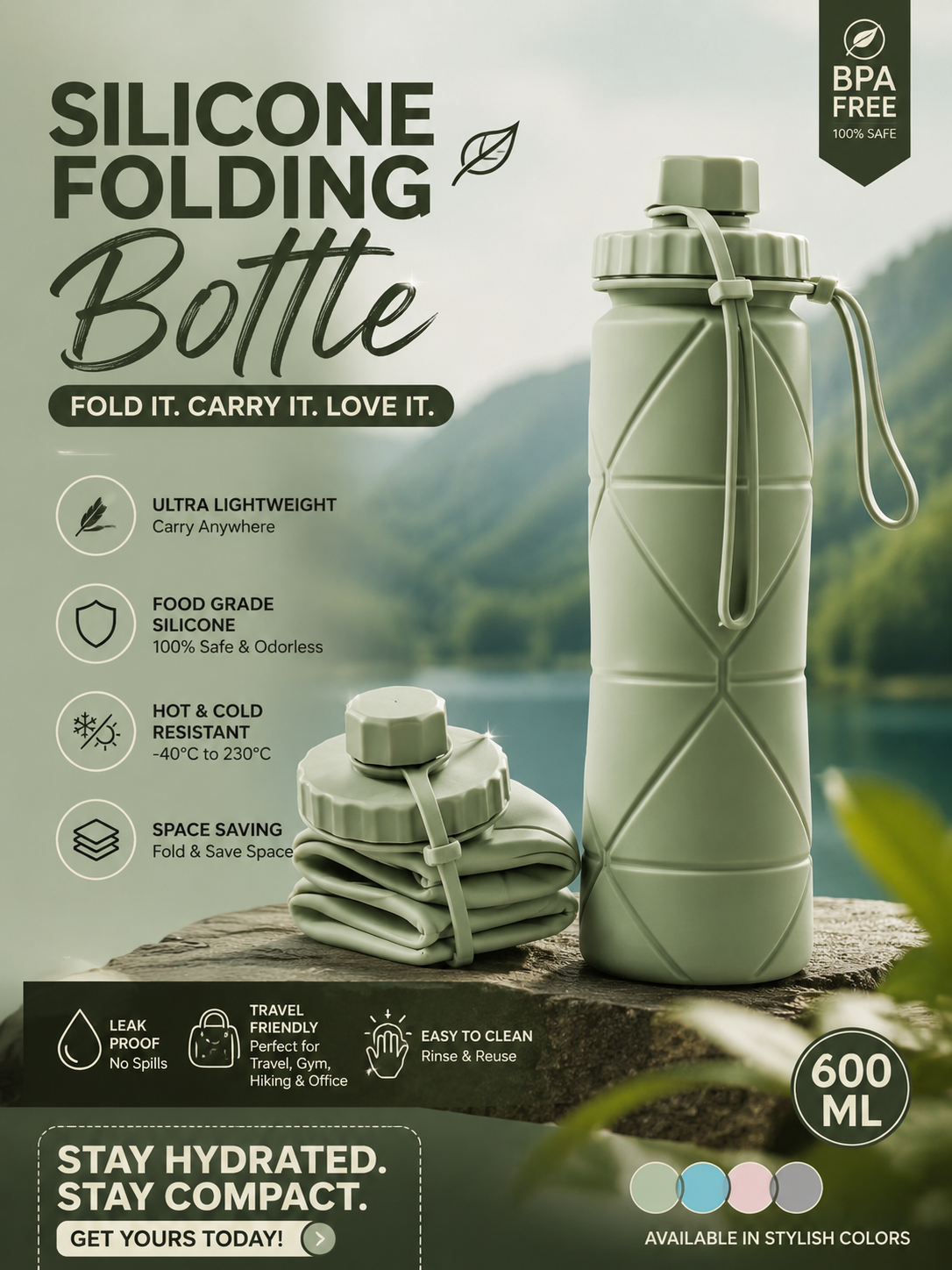 600ML Foldable Silicone Water Bottle – Portable & Space-Saving